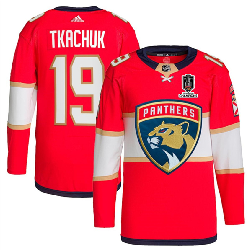 Men's Red Florida Panthers #19 Matthew Tkachuk Home 2024 Stanley Cup Champions Stitched Jersey